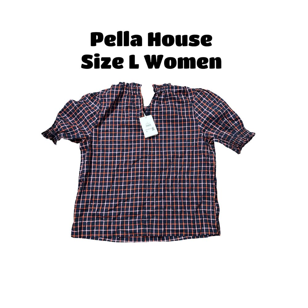 Free Assembly Women's Plaid Ruffle Neck Top with Short Puff Sleeves Navy Size L